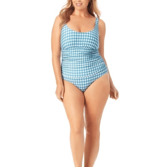 Anne Cole GINGHAM BLUE WHITE Plus Size Checked Shirred One-Piece Swimsuit 18W - Picture 3 of 8